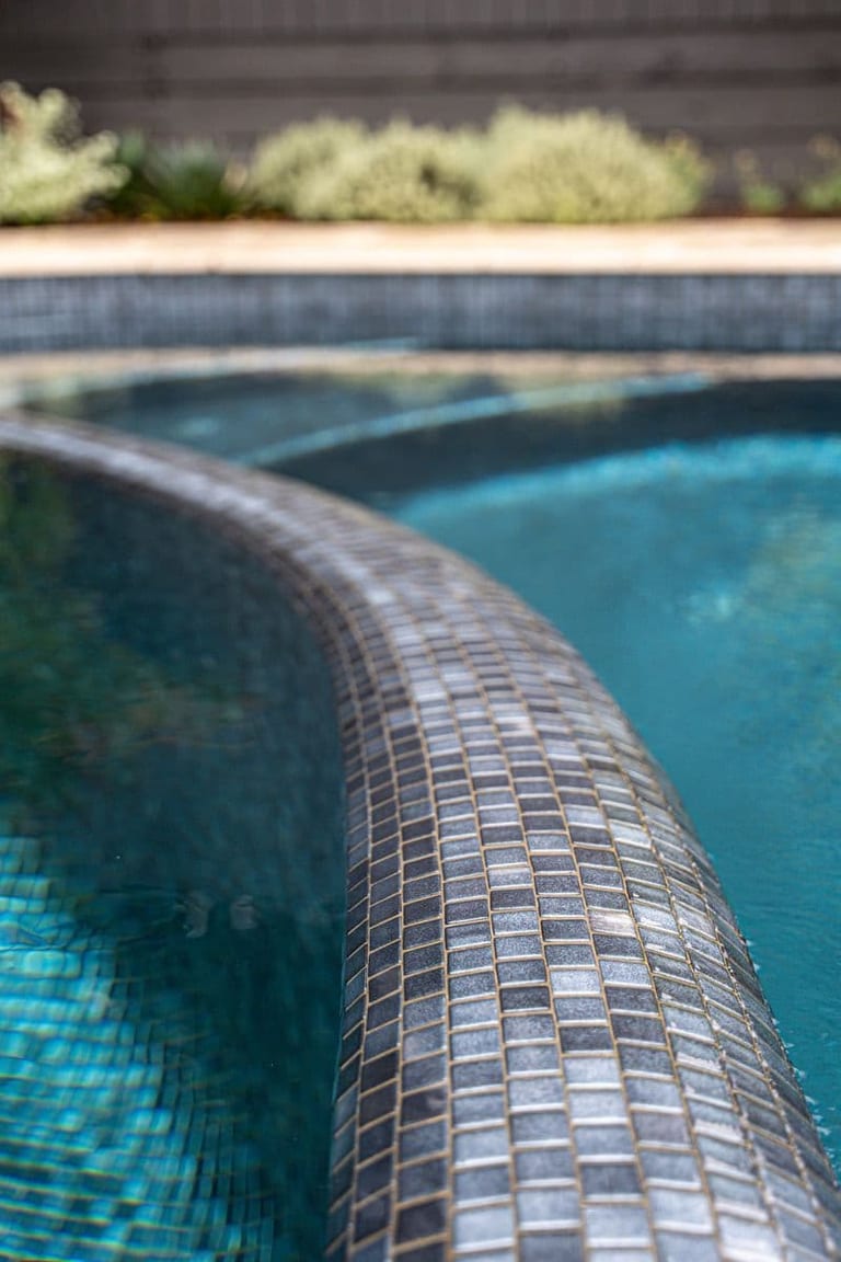 Close detail of the curved tiled edge dividing spa from pool, planting soft in the background.