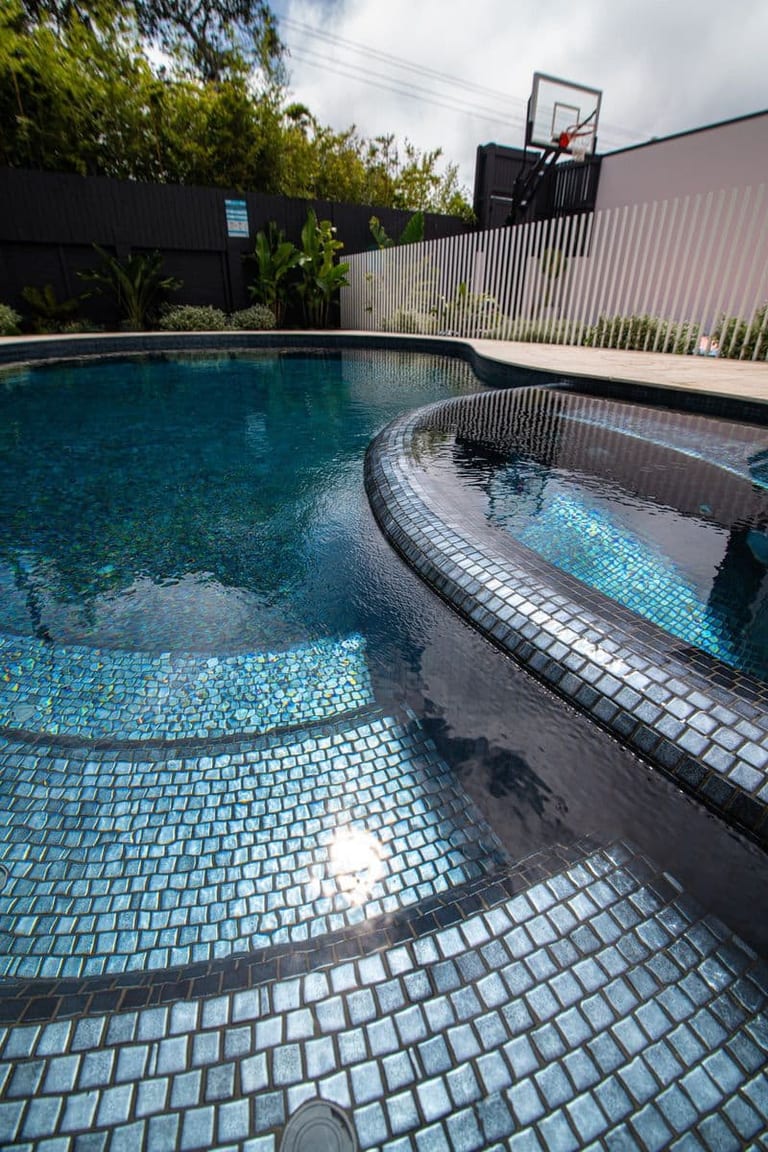 The curved pool with a basketball hoop beyond the fence, planting and paving framing the water.